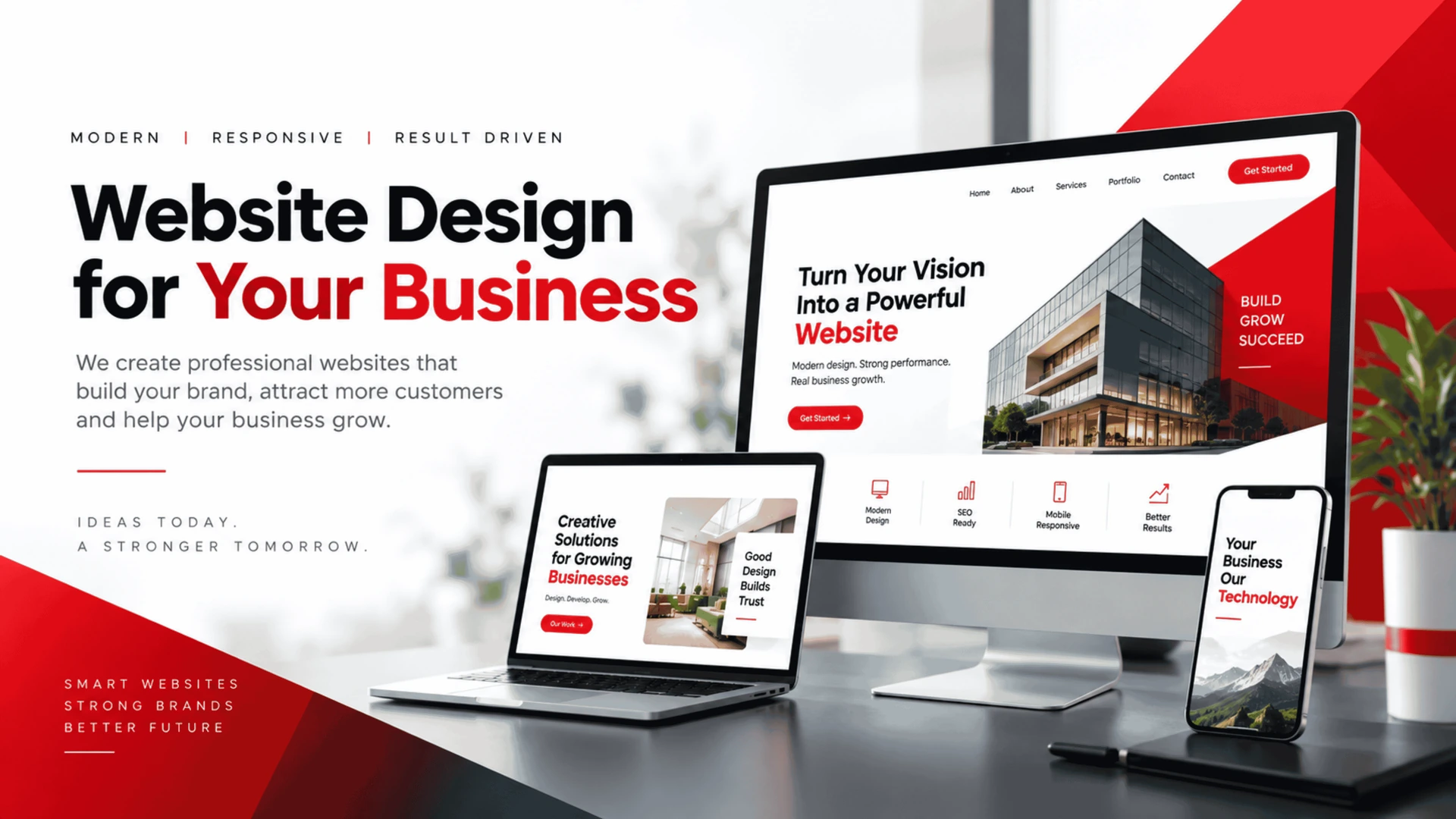 Website design for your business — modern, responsive, result-driven websites shown across desktop, laptop, and mobile screens