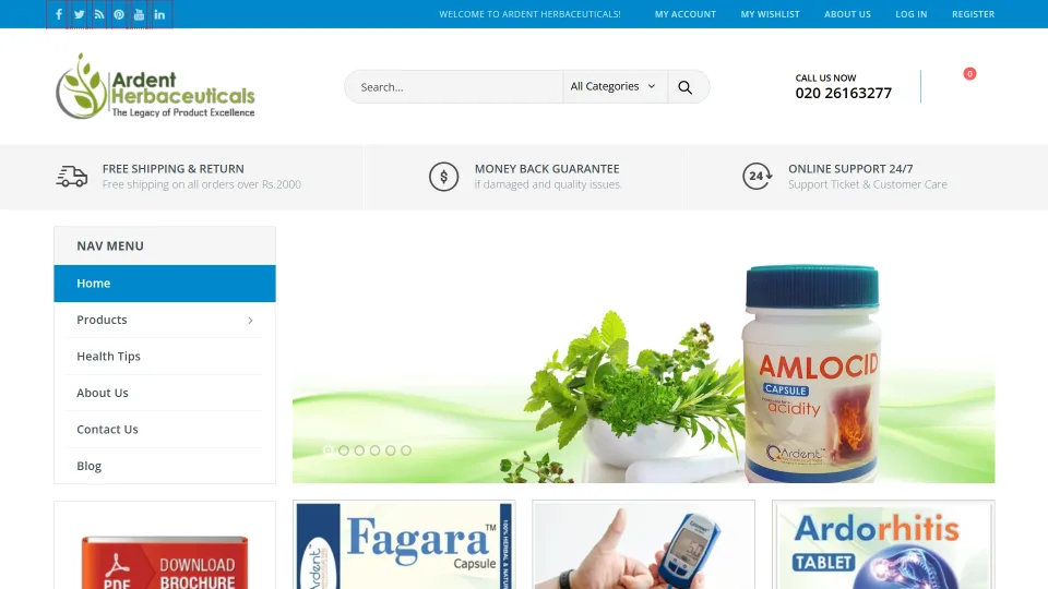 Homepage screenshot of the Ardent Herbaceuticals website