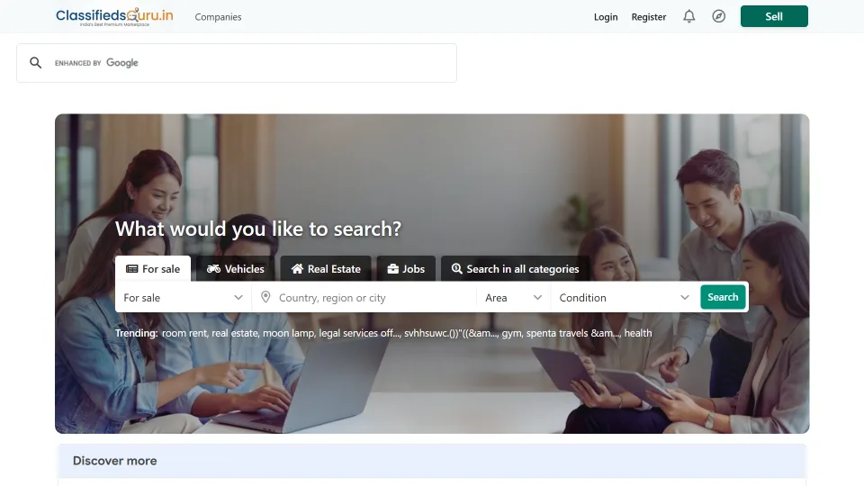 Homepage screenshot of the Classifiedsguru website