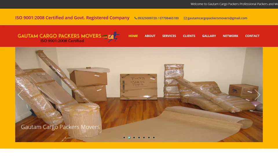 Homepage screenshot of the Gautam Cargo Packers & Movers website