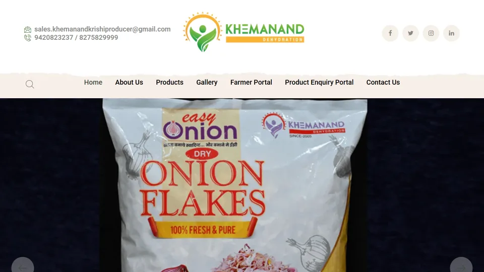 Homepage screenshot of the Khemanand Dehydration website