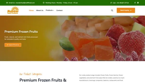 Homepage screenshot of the Mandar Food Products website