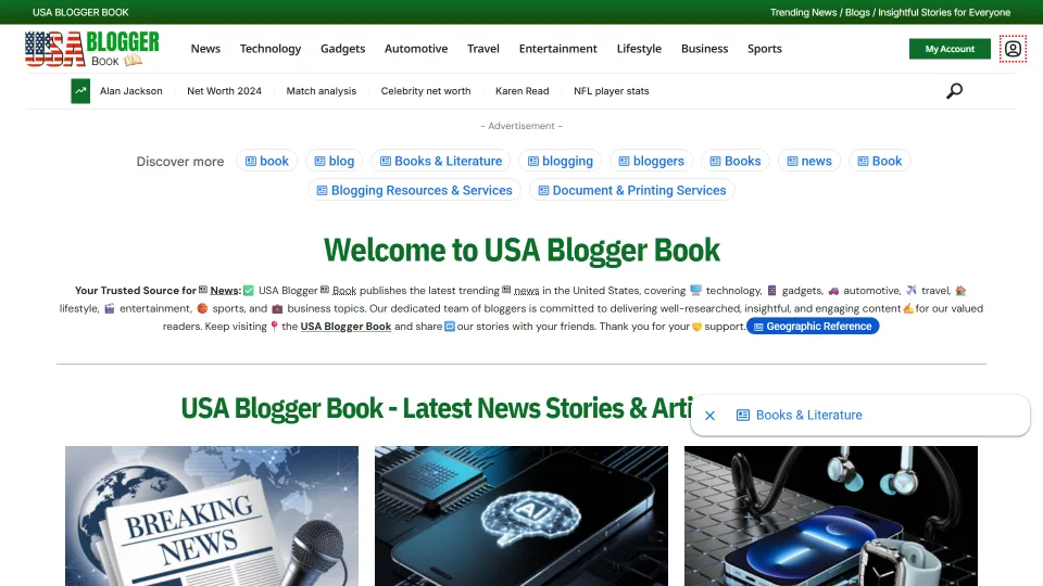 Homepage screenshot of the USA Blogger Book website